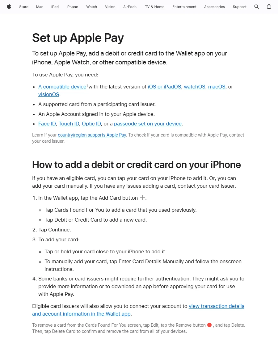 Apple 支持页面「设置 Apple Pay」截图：列出使用条件（兼容设备、Apple 账户、面容 ID、触控 ID 或密码），以及在 iPhone 上添加借记卡或信用卡的四个步骤