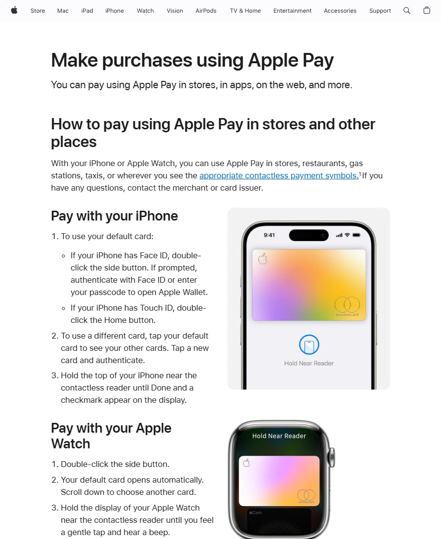 Apple 支持页面「Make purchases using Apple Pay」截图：说明可在商店、餐厅、加油站、出租车等有感应付款标志的地方使用 Apple Pay，以及用 iPhone 付款的三个步骤