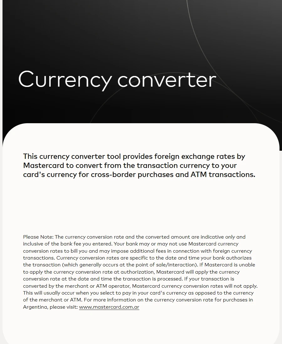 Mastercard 官方 Currency converter 页面截图：说明这个工具按 Mastercard 汇率把交易货币换算成卡的货币，用于跨境消费和 ATM 交易；下方注释写明，交易由商户或 ATM 运营商换算时不适用 Mastercard 汇率