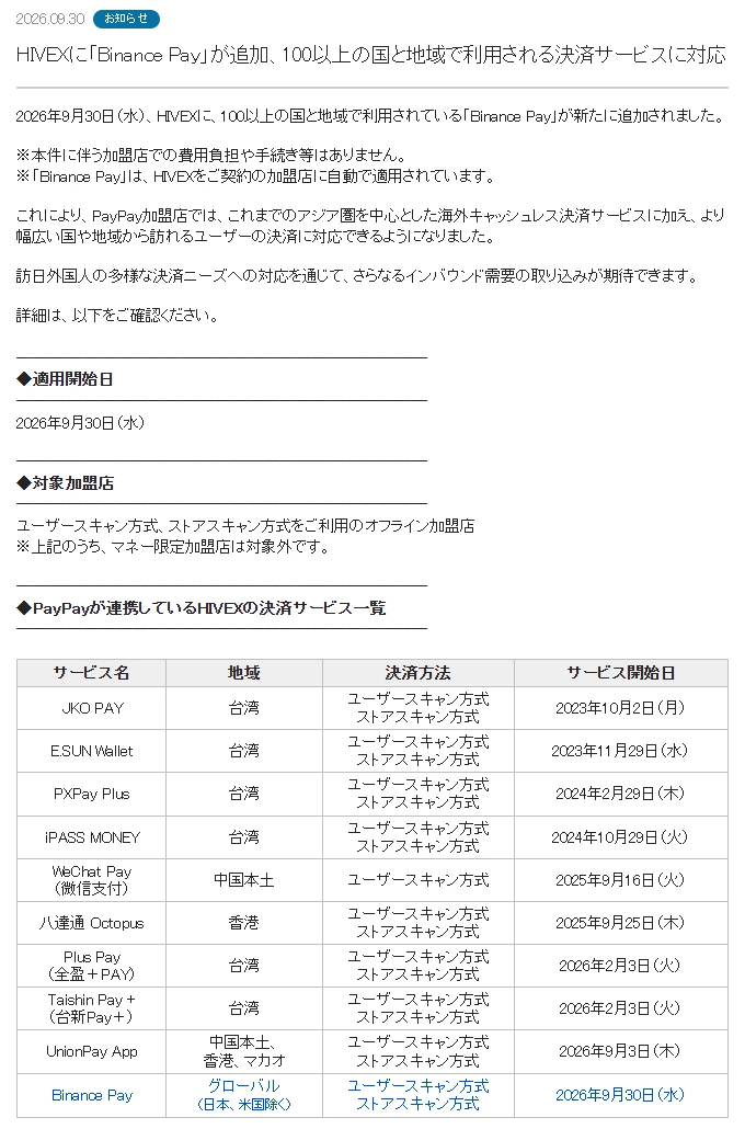 Screenshot: PayPay merchant notice, Binance Pay added to HIVEX from 2026-09-30
